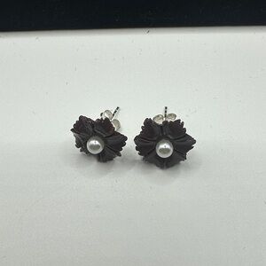 Handcrafted Dark Brown Floral Pearl Stud Earrings